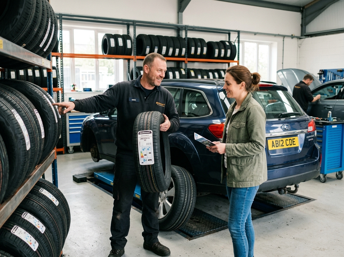 Tyre shop technician discussing tyre options with a customer