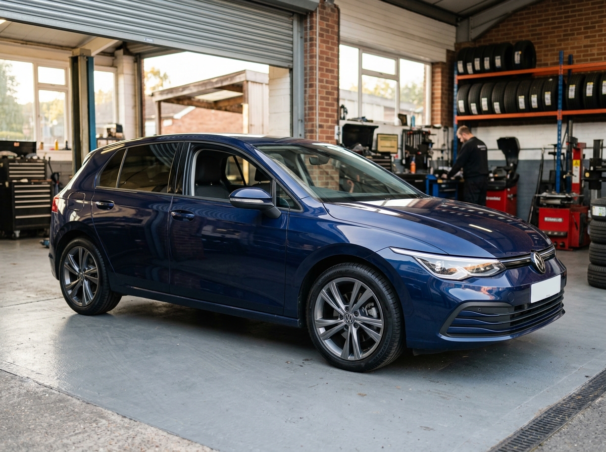 Car with freshly fitted tyres ready in the workshop
