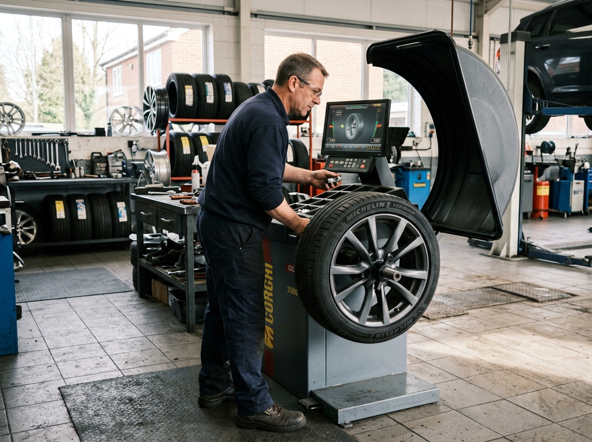 Wheel balancing equipment in a tyre workshop