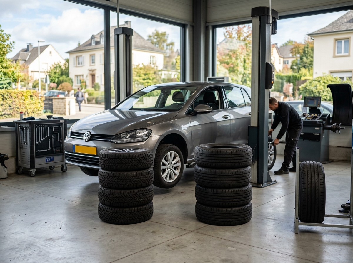Seasonal tyres prepared beside a car