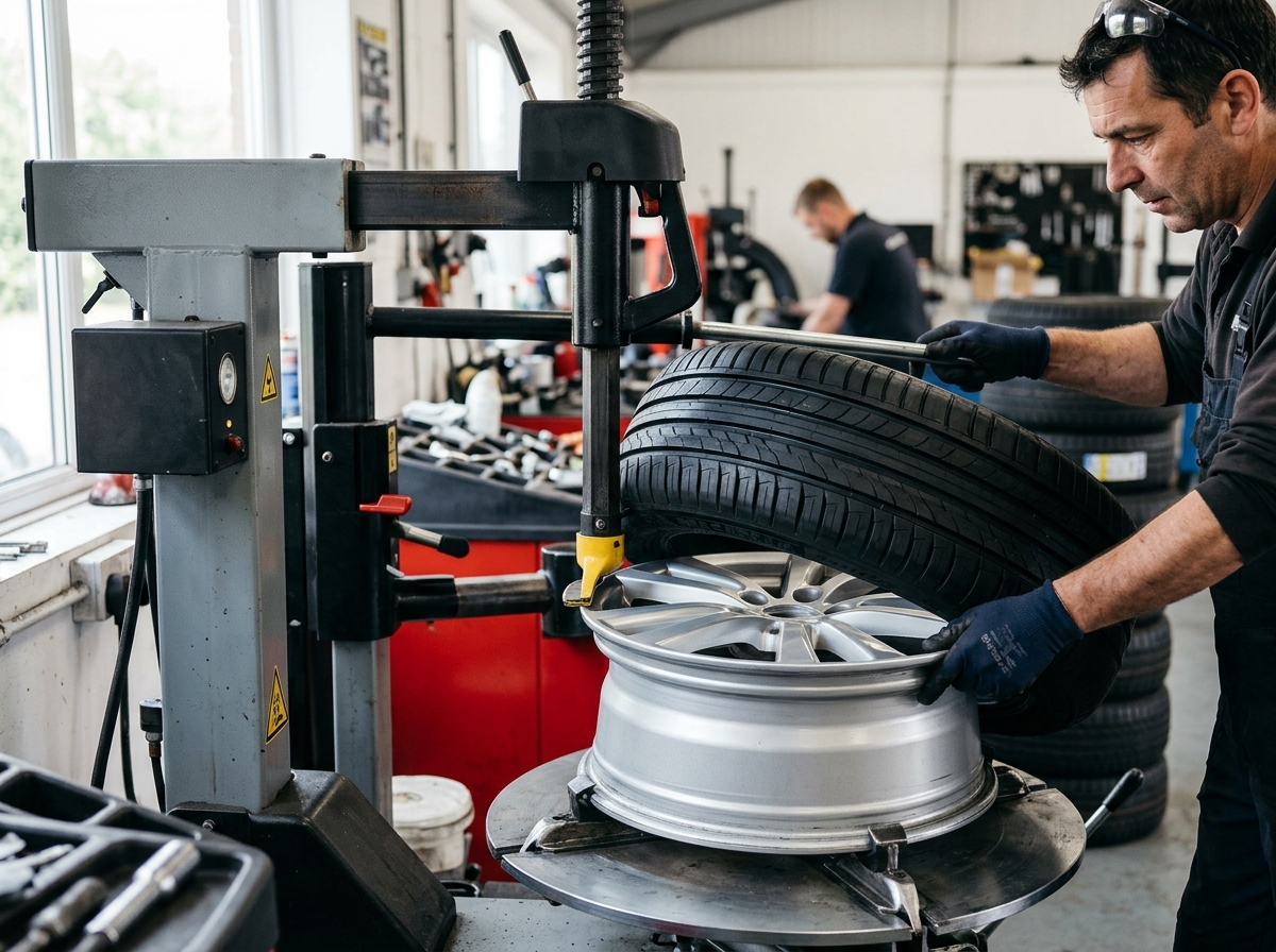 Tyre being fitted to a wheel rim